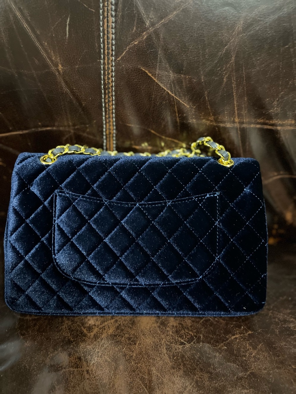 Double C Navy Blue Gold Tone Hardware Quilted Velvet Chain Strap Flap Bag Purse - Picture 7 of 10